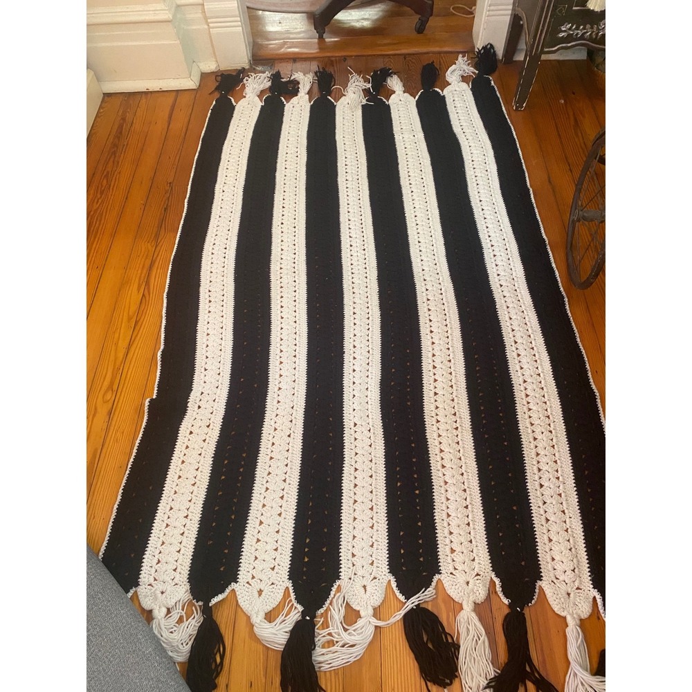 Handmade Crochet Blanket Black White Vertical Stripe Tassel Shell Stitch ThrowK